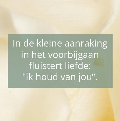 Een rustige, zachtgele afbeelding met de quote: "In de kleine aanraking in het voorbijgaan fluistert liefde: 'Ik houd van jou'".